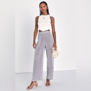 NWT Miami Afternoons Blue Multi Geo Print Plisse Wide-Leg Pants